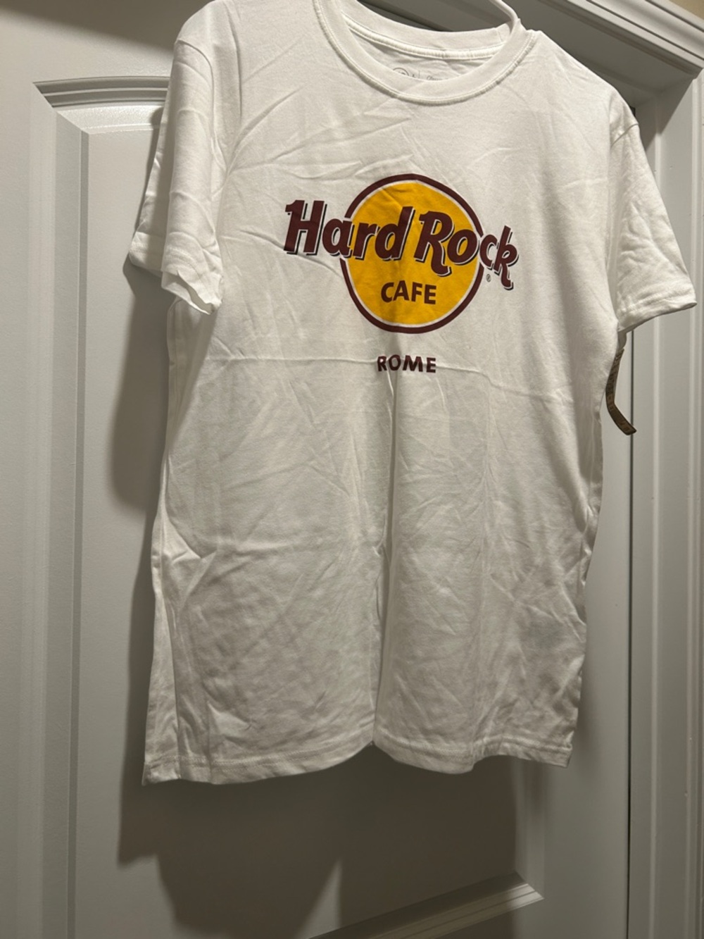 Hard Rock Cafe White T-Shirt with Yellow & Maroon Logo - Rome